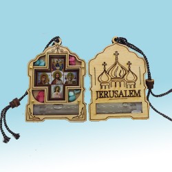 Подвеска дер.иконостас под орк.стеклом с ладаном и маслом ИЕРУСАЛИМс крестом