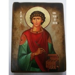 Пантилеймон Икона  Греческая под старину ХОЛСТ НИМБЫ 16х22